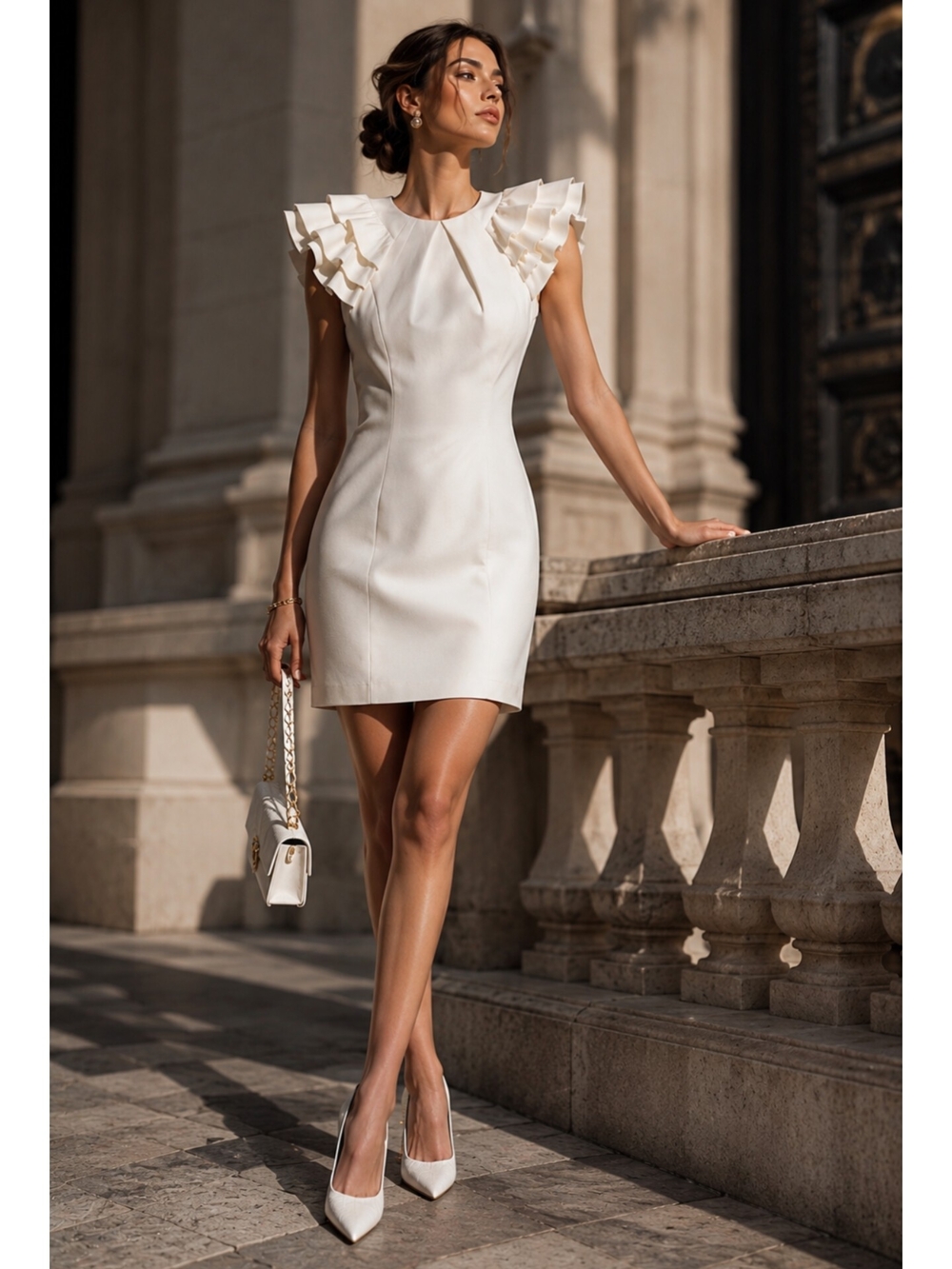 VANCL Cream Ruffle-Sleeve Mini Dress